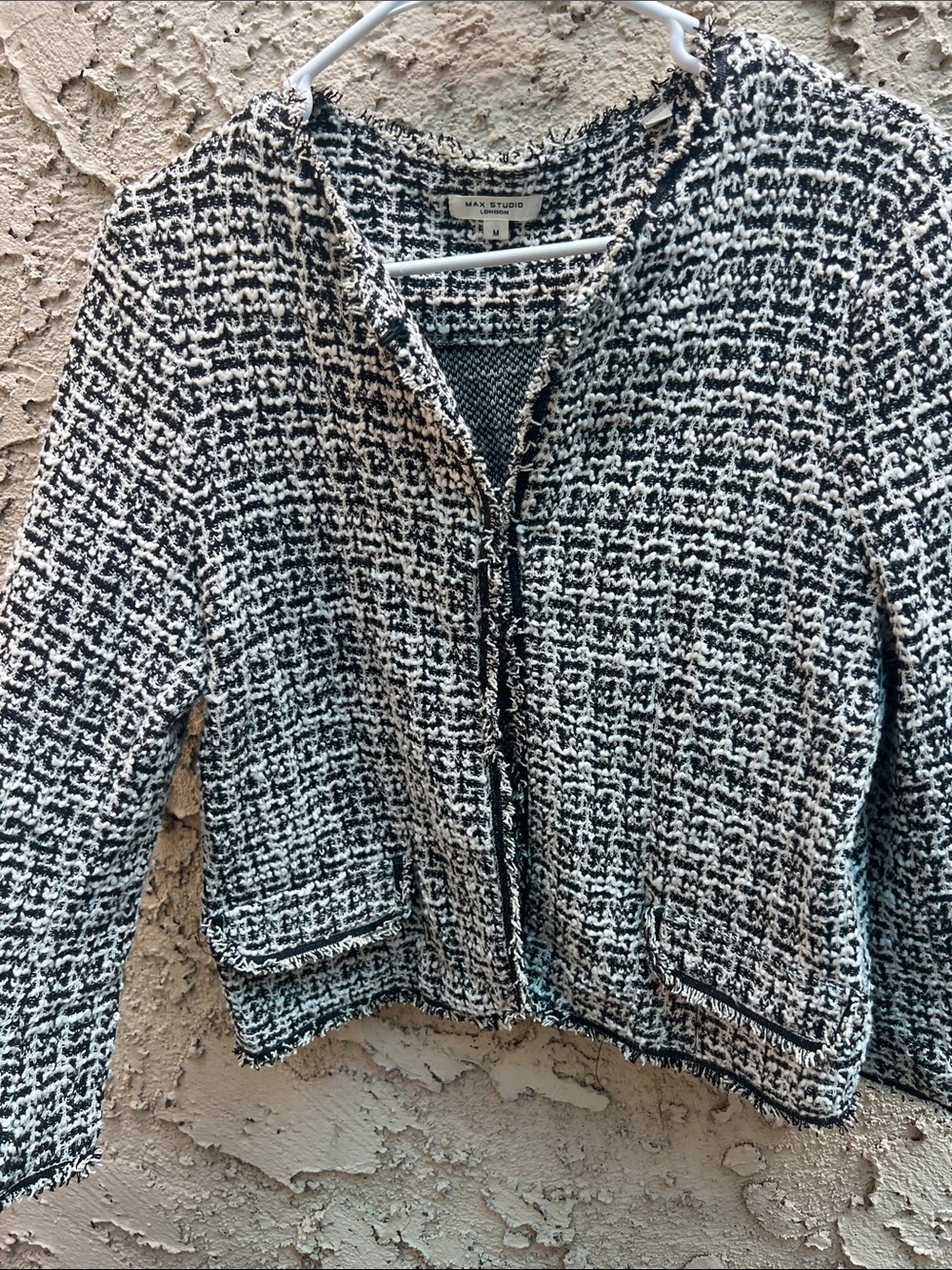Max Studio Black & White Tweed Fringed Open Cardigan